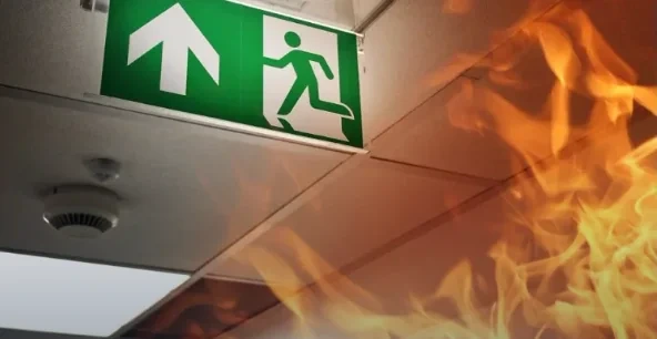 Contre-plongée bajo un faux-plafond : plaque issue de socorro verte allumée, détecteur de fumée y grandes flammes orange au premier plan — feu et évacuation en milieu profesional