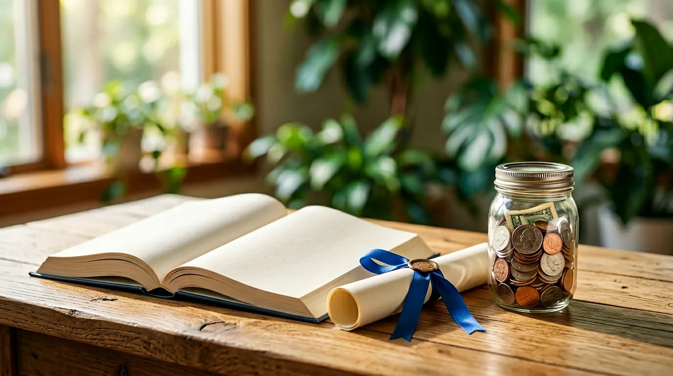 Savings for studies: books and coins on a desk — Active Education RMA illustration