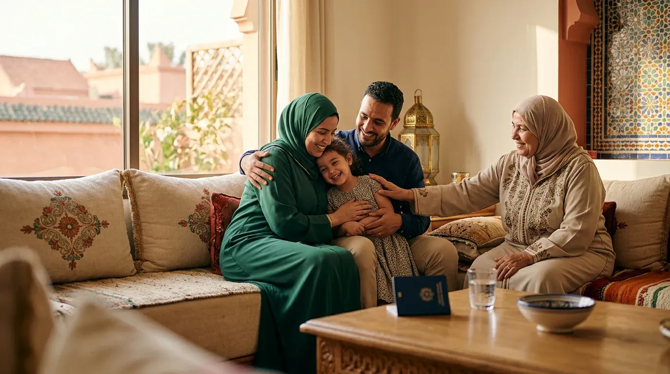 Familia marroquí unie à la casa — tendresse, protección y serenidad autour de la salud de l'enfant