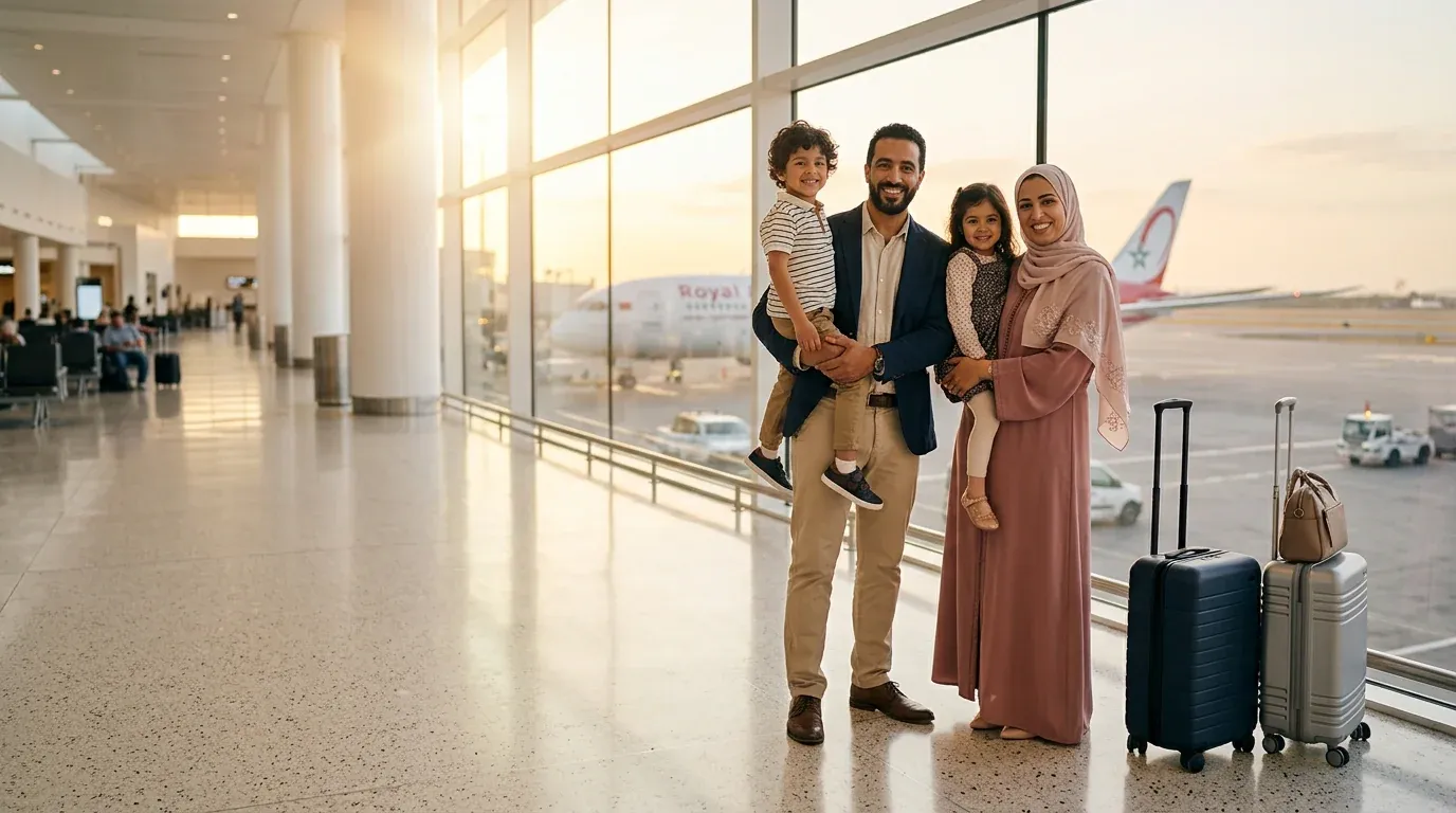 Familia marroquí souriante à l'aéroport, lumière dorée y valises — seguro viaje Marruecos y international con RMA Al Boughaz Tánger