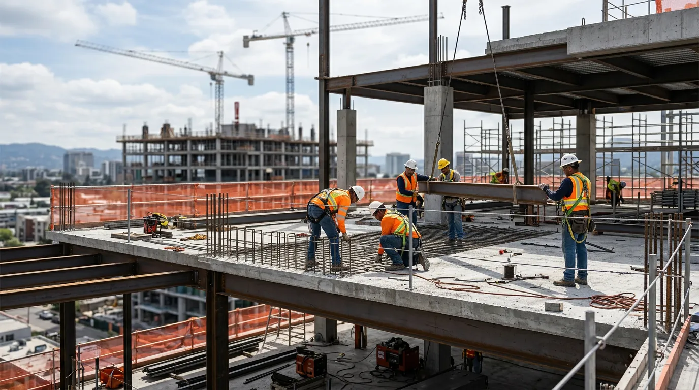 Construction site with teams in safety gear — ten-year liability illustration