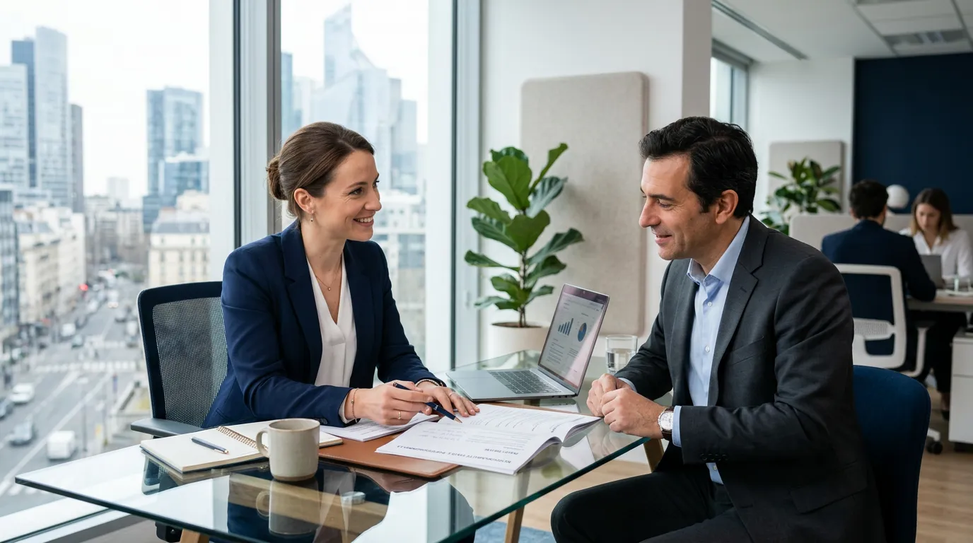 Advisor and client in a professional meeting — professional liability illustration